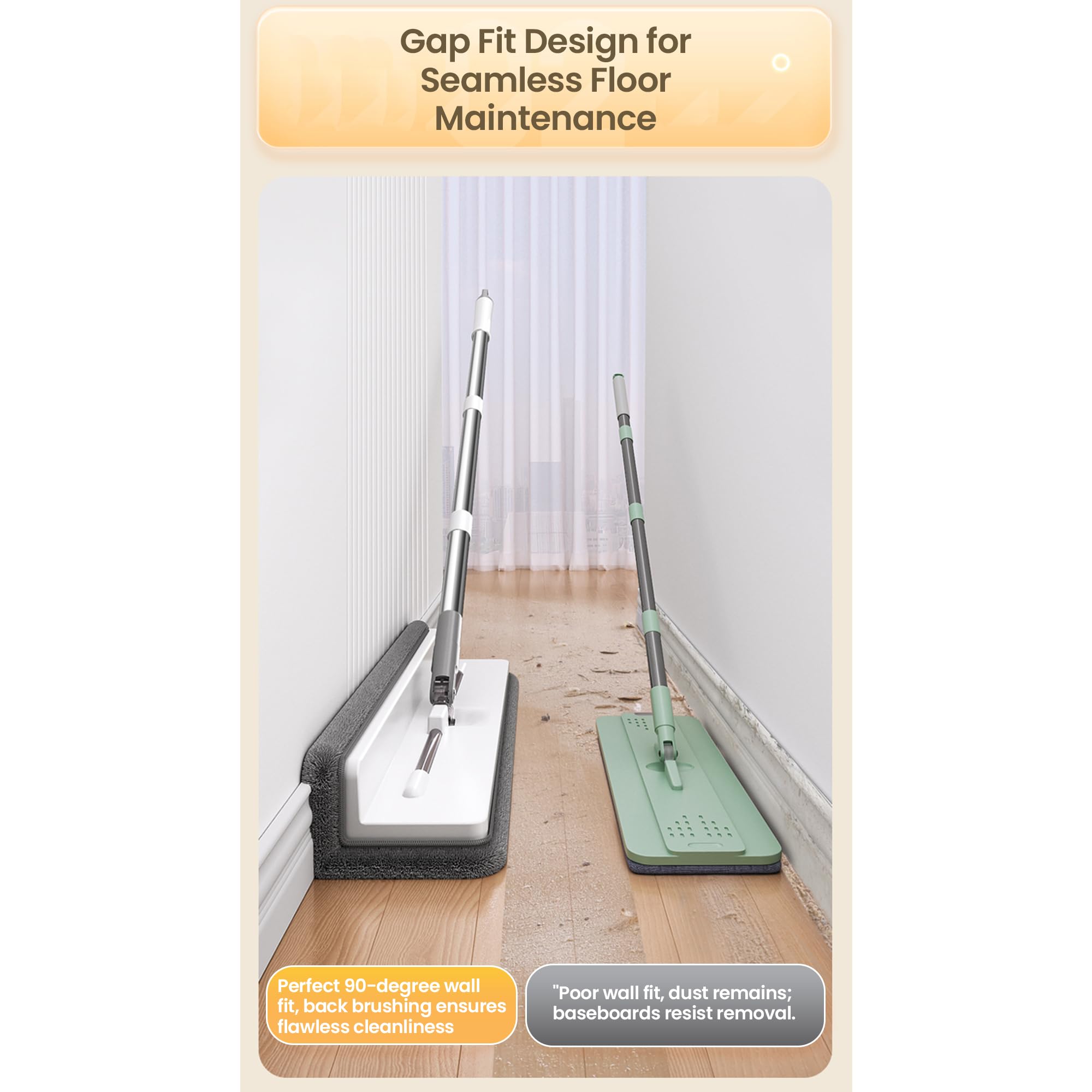 U-VERSE L-Shaped Mop & Bucket Set with Wringer, 3 Reusable Microfiber Pads, Long Handle Flat Mop for Corners, Walls & Floors, Compact 5" Space-Saving