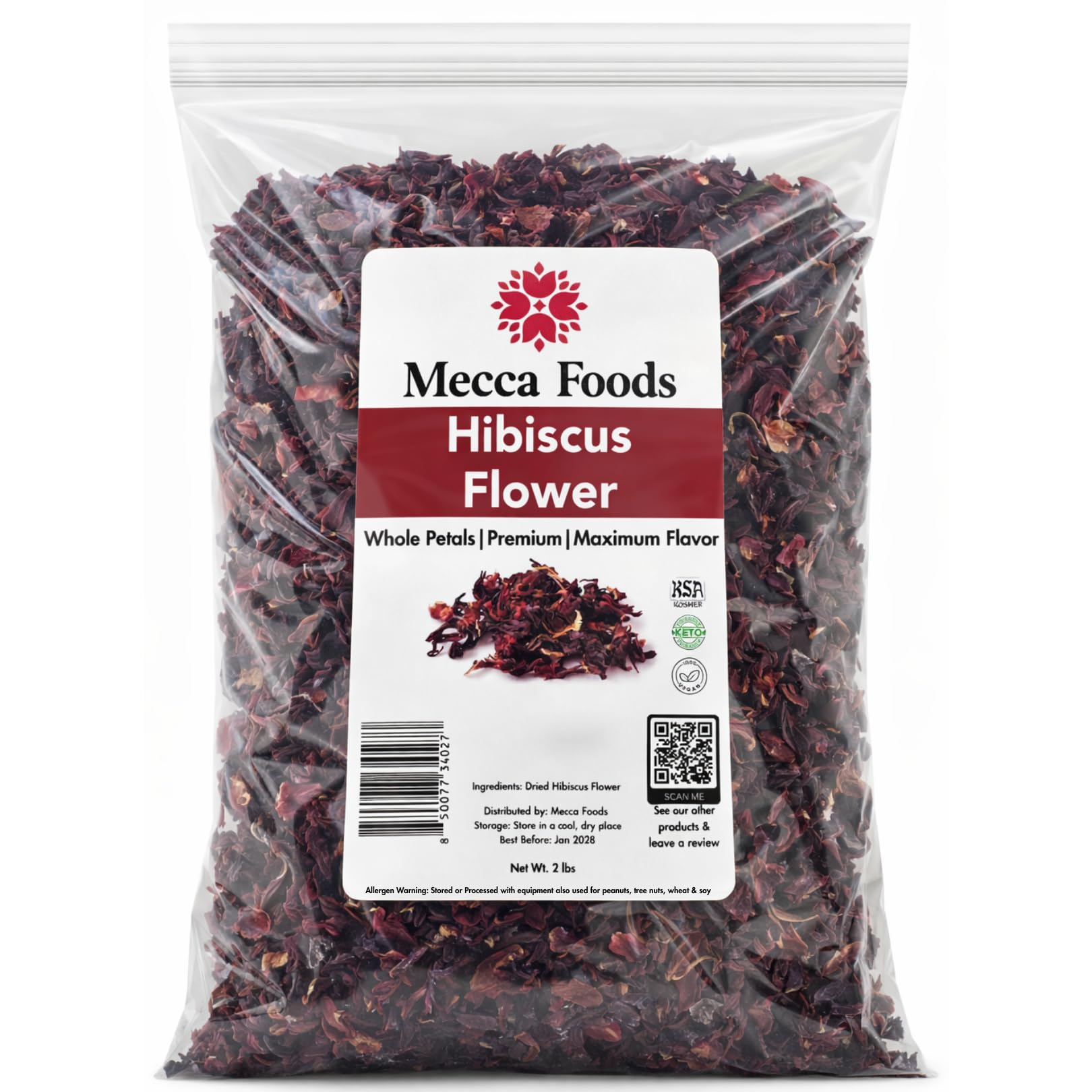 2lb Dried Whole Hibiscus Flowers and Petals, Flor de Jamaica, Sorrel Flower, Zobo Flower perfect for Tea and Mexican Agua Fresca by Mecca Foods |