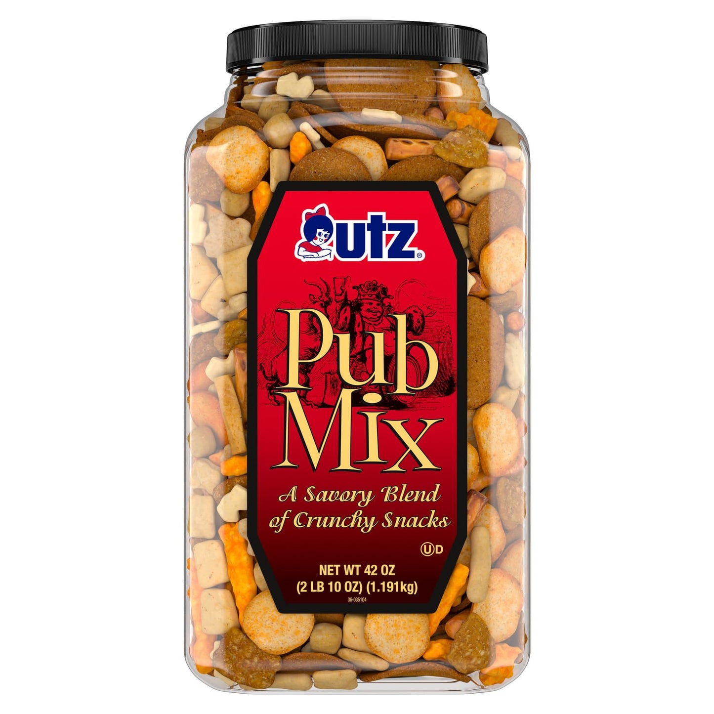 Utz Pub Mix, 42 Oz. Barrel, Savory Snack Mix with a Blend of Crunchy Flavors for a Tasty Party Snack, Resealable Container, Trans-Fat Free and Kosher