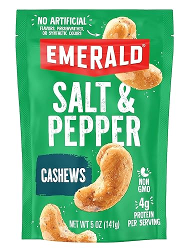 Emerald Nuts Salt and Pepper Seasoned Cashews (1-Pack) | 5 Oz Resealable Bag | Kosher Certified, Non-GMO, Contains No Artificial Preservatives
