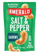 Emerald Nuts Salt and Pepper Seasoned Cashews (1-Pack) | 5 Oz Resealable Bag | Kosher Certified, Non-GMO, Contains No Artificial Preservatives