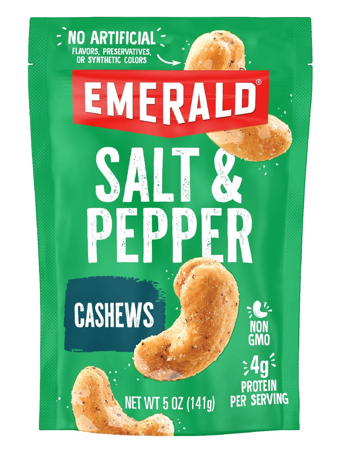 Emerald Nuts Salt and Pepper Seasoned Cashews (1-Pack) | 5 Oz Resealable Bag | Kosher Certified, Non-GMO, Contains No Artificial Preservatives
