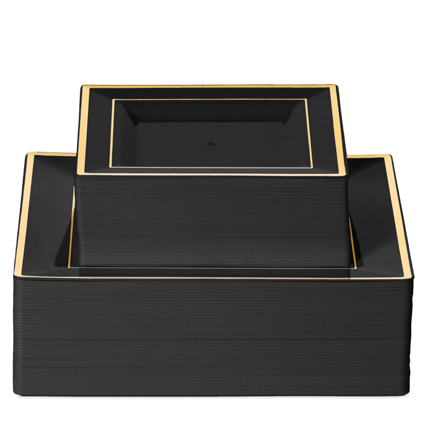 BloominGoods 100 PCS Disposable Plastic Black Square Plates, 100-Pack 6.5 & 10 In. Combo Premium Heavy Duty Gold Rim Square Plastic Plates, Ideal