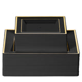BloominGoods 100 PCS Disposable Plastic Black Square Plates, 100-Pack 6.5 & 10 In. Combo Premium Heavy Duty Gold Rim Square Plastic Plates, Ideal