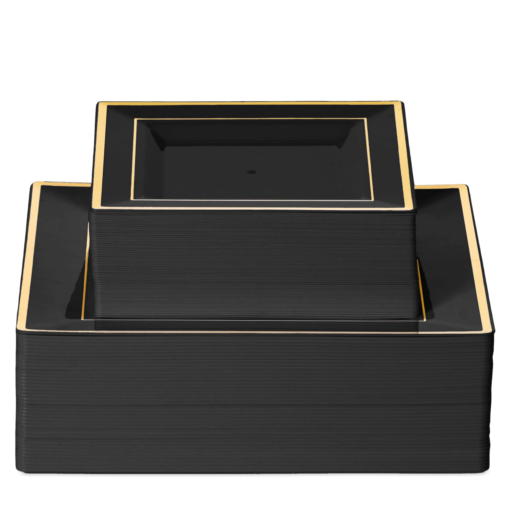 BloominGoods 100 PCS Disposable Plastic Black Square Plates, 100-Pack 6.5 & 10 In. Combo Premium Heavy Duty Gold Rim Square Plastic Plates, Ideal