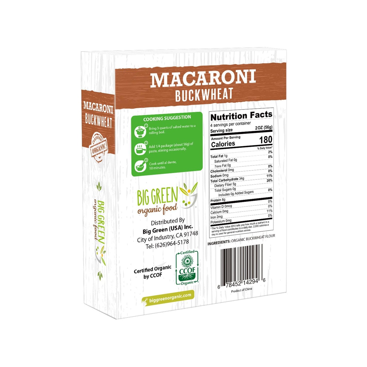 Big Green Organic Food- Organic Buckwheat Macaroni, Gluten-Free, Single Ingredient, 100% Buckwheat, Non-GMO, Vegan, Wheat and Rice Alternative, 8.8oz