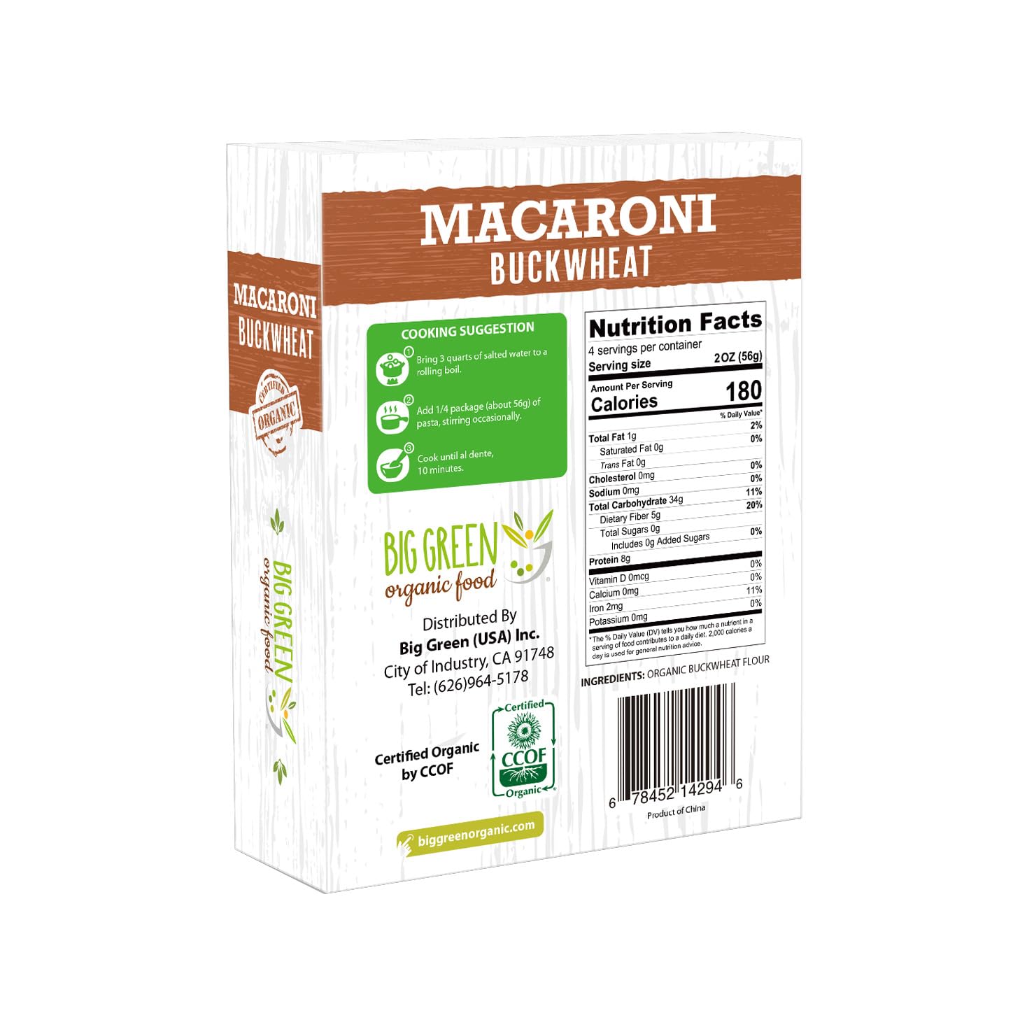 Big Green Organic Food- Organic Buckwheat Macaroni, Gluten-Free, Single Ingredient, 100% Buckwheat, Non-GMO, Vegan, Wheat and Rice Alternative, 8.8oz