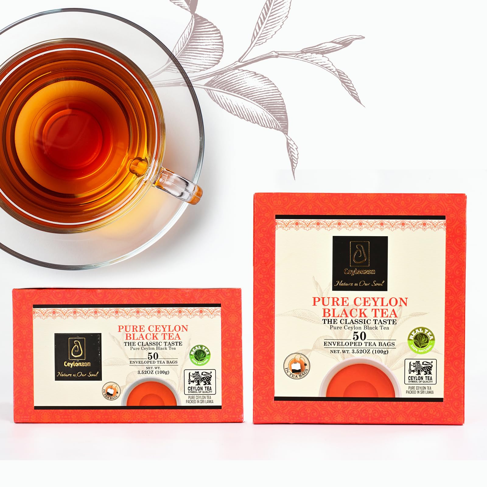 Ceylonzon Pure Ceylon Black Tea Classic Taste 50 Individually Foil-Wrapped Tea Bags, Premium BOPF SriLankan Tea with Rich Antioxidant, Perfect for Hot
