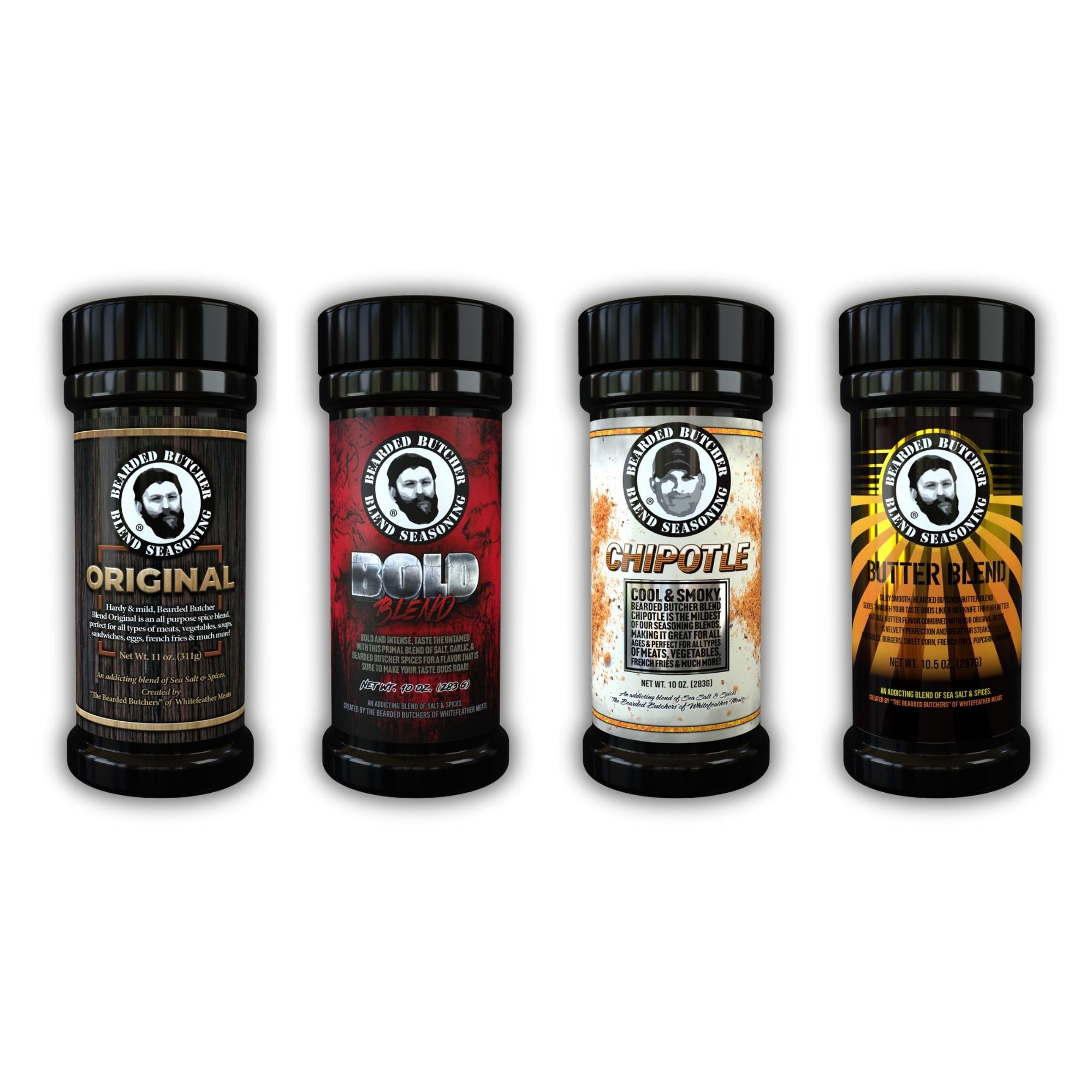 Bearded Butchers Mild & Sugar Free Seasoning 4-Pack - Original, Bold, Chipotle & Butter Blends - Gluten-Free, No MSG, No Sugar - All-Purpose Spices