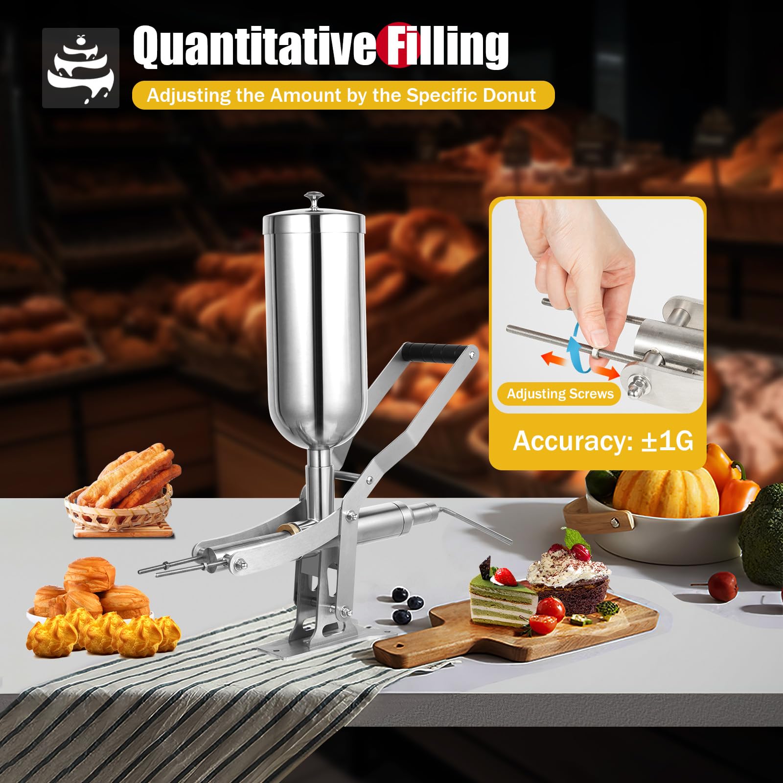 Donut-Filling Machine, 5L Manual Filling Machine Cream Jam Filling Machine, Stainless Steel Donut Churro Filler with 4 Anti-Drip Filling Nozzles