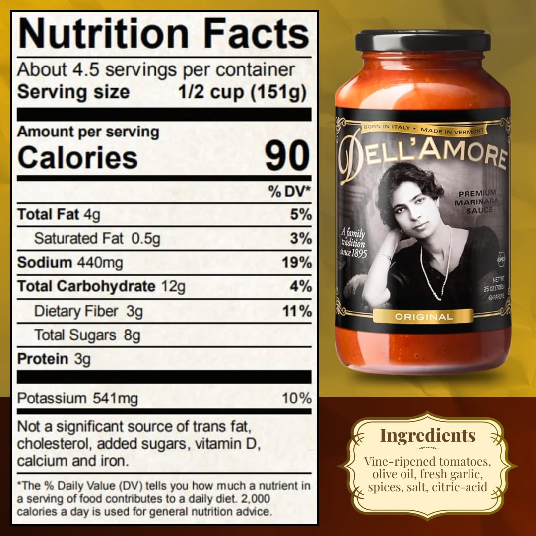 Dell'Amore Premium Marinara Sauce, Homemade Pasta Sauce Low Sodium - No Added Sugar - Vegan - Gluten Free - Family Recipe with Fresh Ingredients