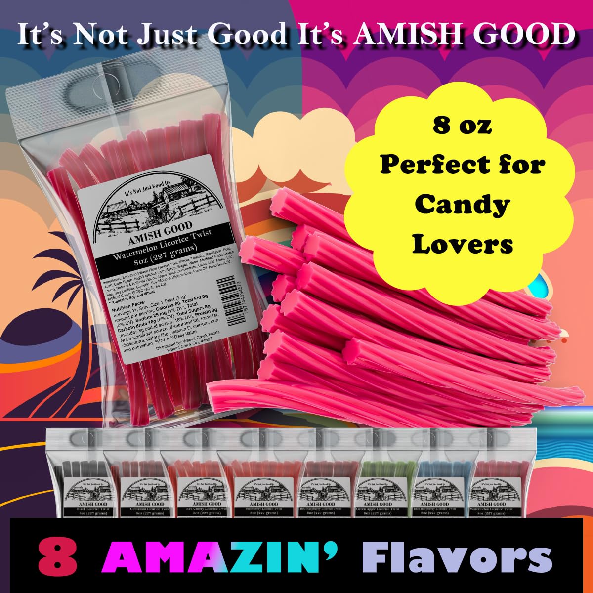 Amish Good Gourmet Licorice Twist Candy - Premium Sweet & Chewy Treat, Watermelon Jumbo Licorice Twist Perfect Snack Under 100 Calories