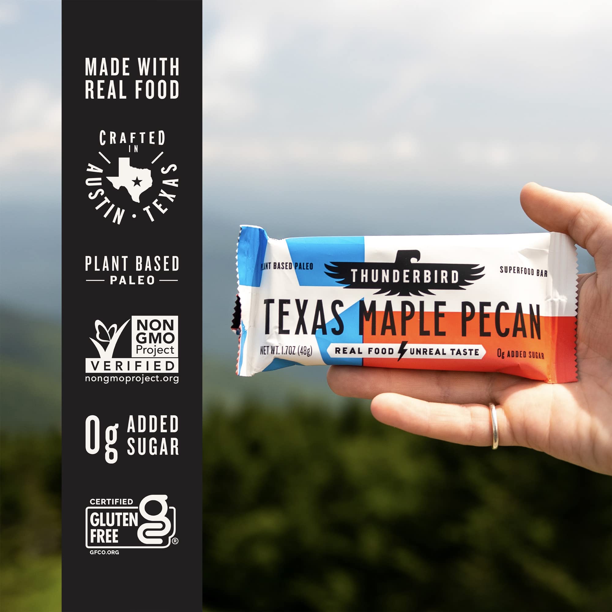 Thunderbird Bars Energy Snack, Gluten-Free with Protein, Healthy Real Food, Vegan Paleo Non-GMO, No Added Sugar, Texas Maple Pecan Flavor (12 Count