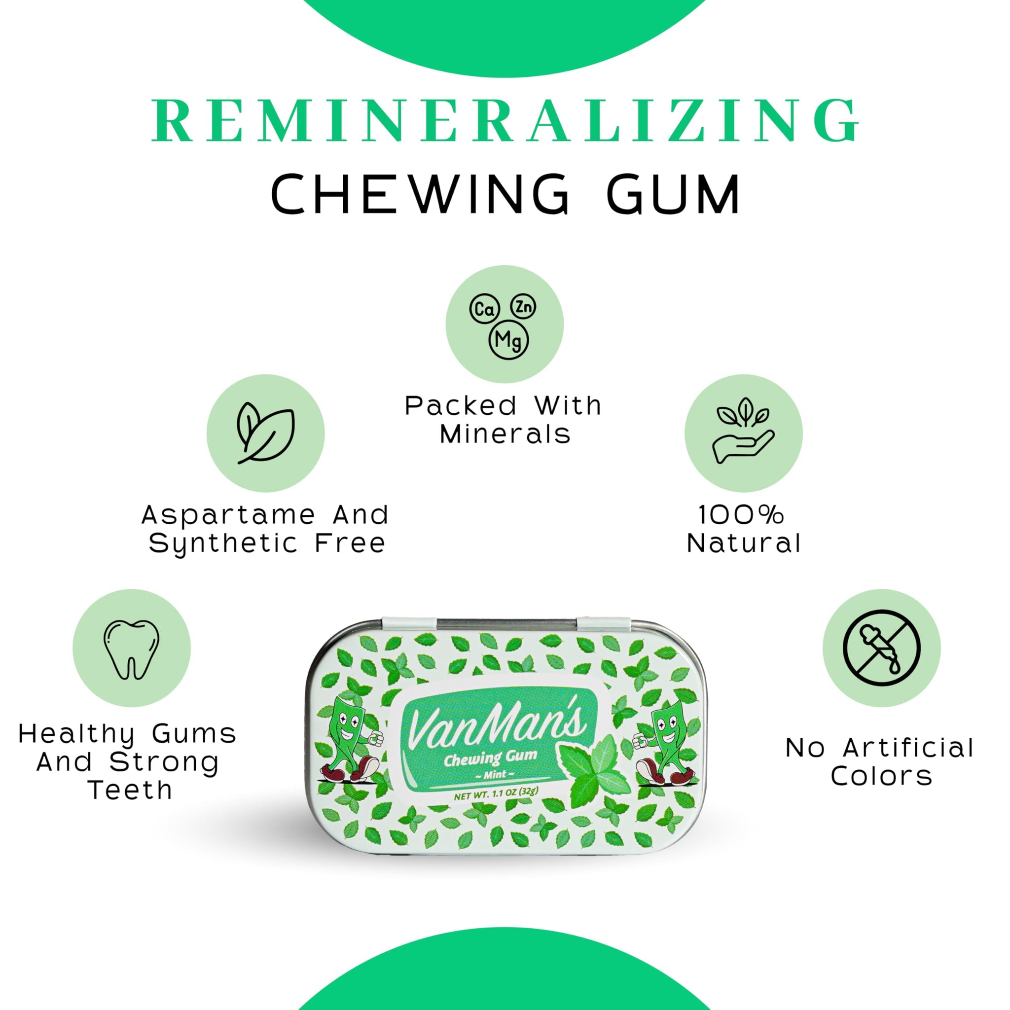 Vanman Remineralizing Chewing Gum with Grass-Fed Cattle Bone Hydroxyapatite and Organic Peppermint Extract - Sugar Free Chicle and Mastic Gum - Fresh