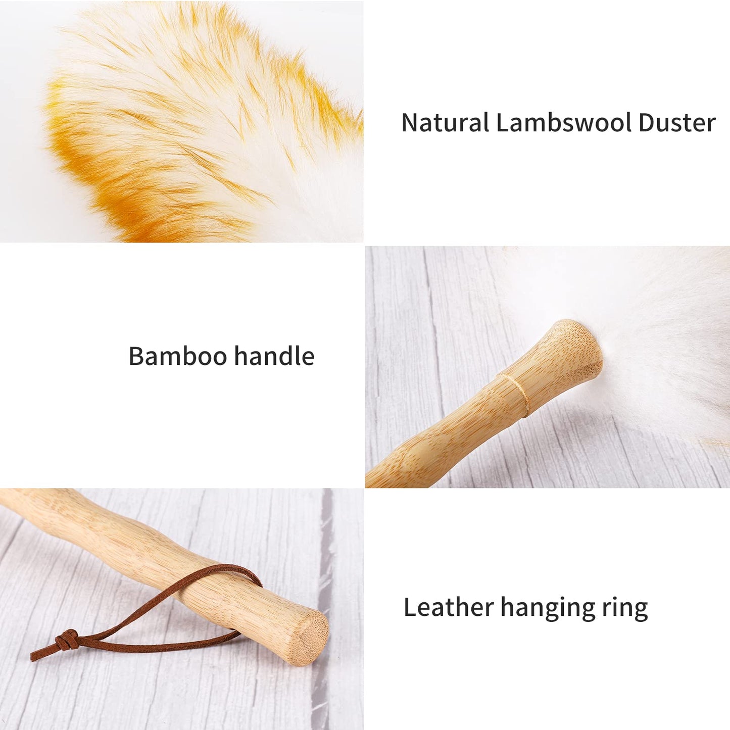 Lambs Wool Duster with Solid Bamboo Handle,Leather Hang Strap,18.9 inch Long,Natural Feather Duster for Cleaning Ceiling Fans,Window Blinds,Computer