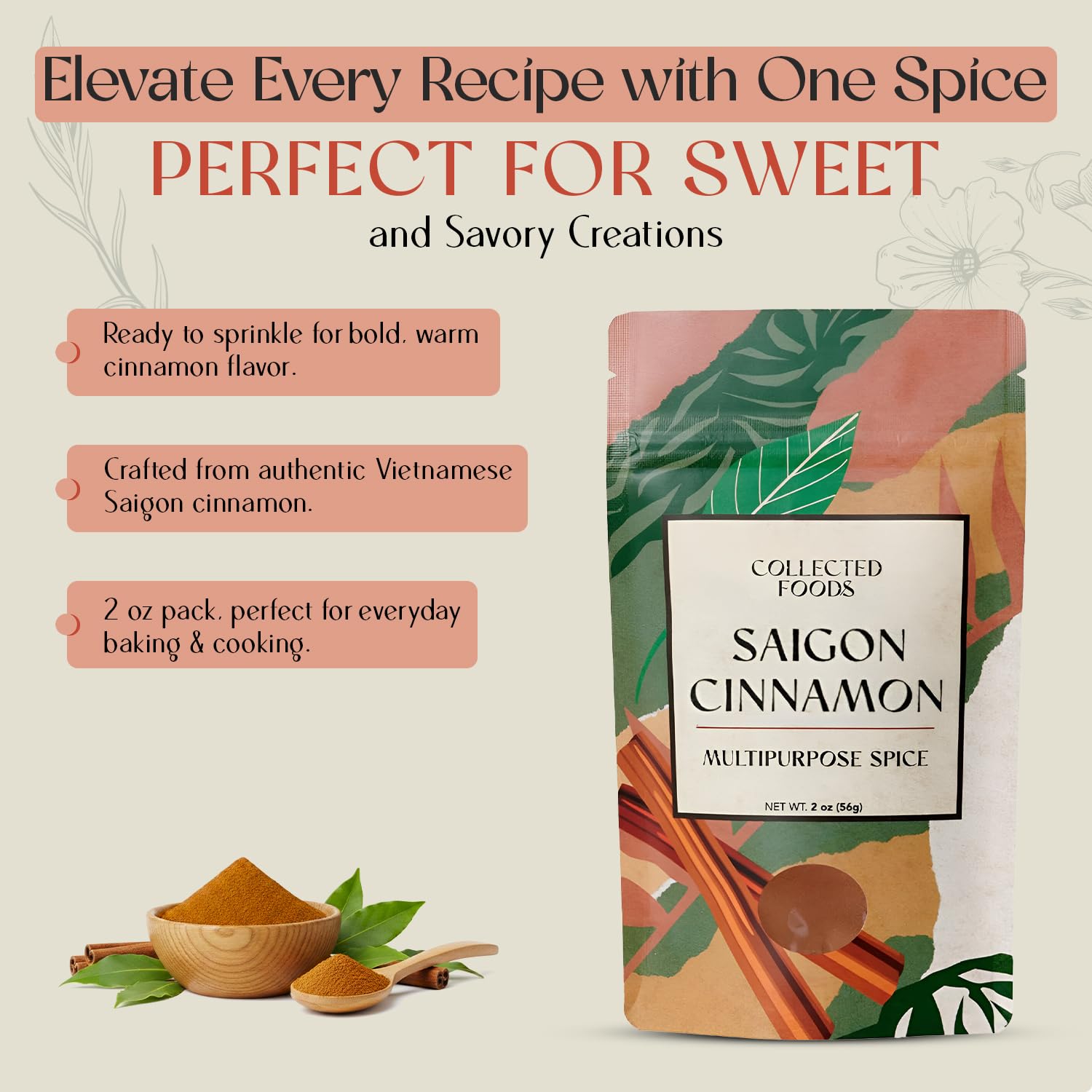 Collected Foods Premium Vietnamese Saigon Cinnamon Powder. Pure Ground blend for Baking, Cooking & Drinks. Bold Flavor Cinnamon blend in 2oz Pack
