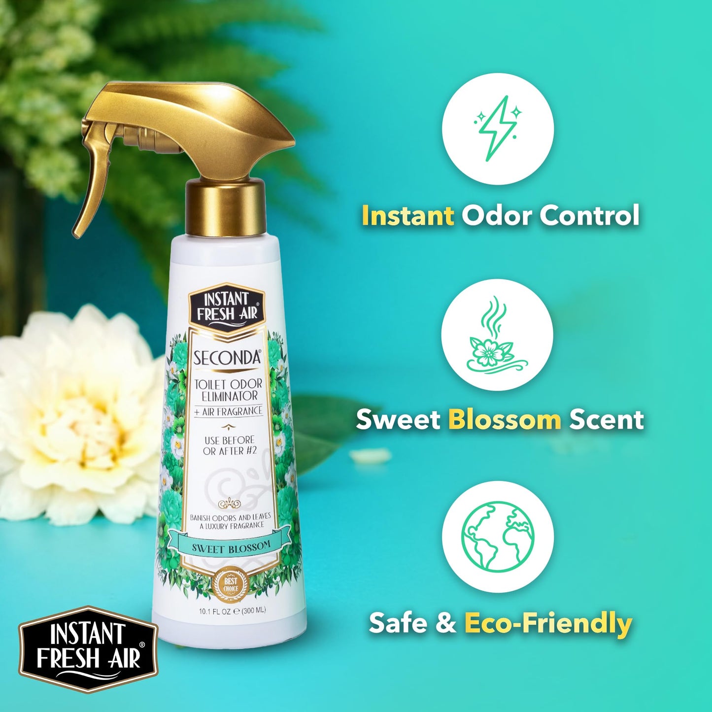 Instant Fresh Air Seconda Premium Toilet Spray - Bathroom Air Freshener & Toilet Bowl Odor Eliminator - For Home, Business, School - Bathroom