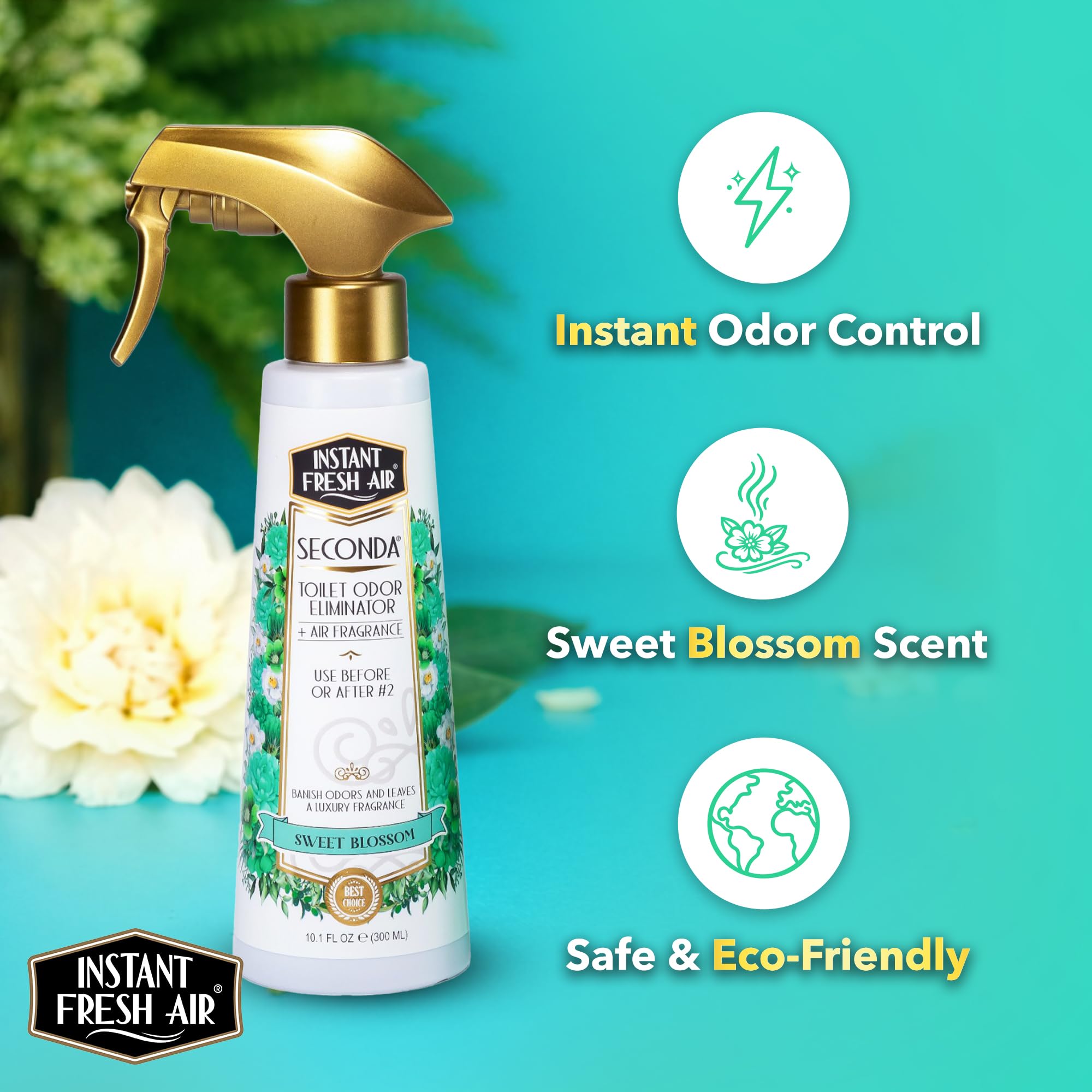 Instant Fresh Air Seconda Premium Toilet Spray - Bathroom Air Freshener & Toilet Bowl Odor Eliminator - For Home, Business, School - Bathroom