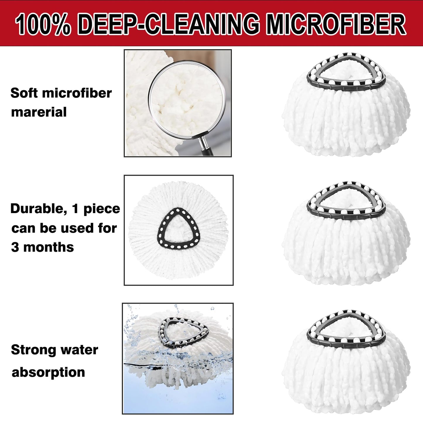 12 Pack Spin Mop Replacement Heads, 100% Microfiber Spin Mop Refill for Easy Wring Compatible with Triangle Spin Mop, 360 Degree Spinning Mop Replace
