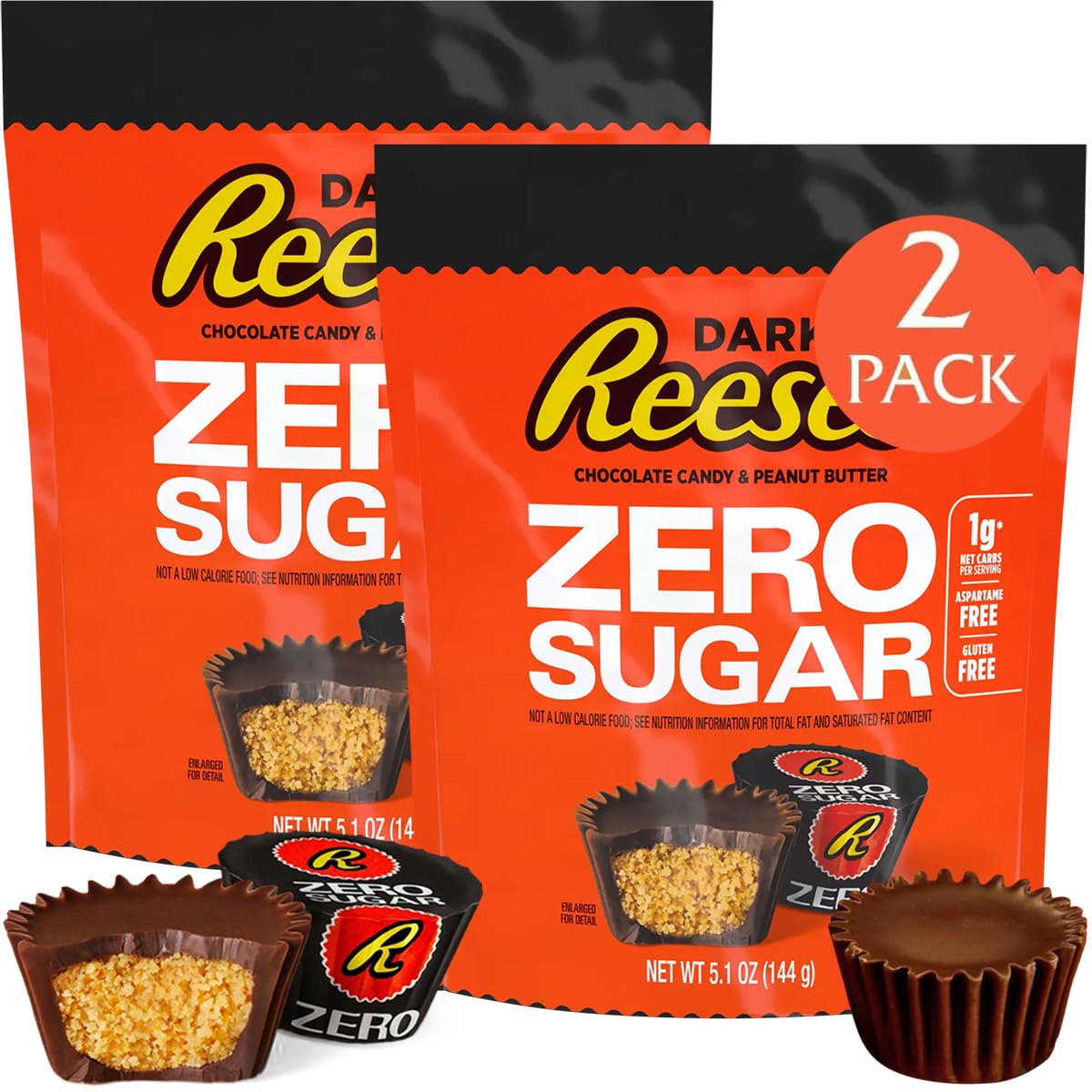 Zero Sugar Peanut Butter Cups, Sugar Free Peanut Butter Cups, Delicious Dark Chocolate, Peabnut Butter Perfect Sugar Free Reese Treats. 2 Bags, Each