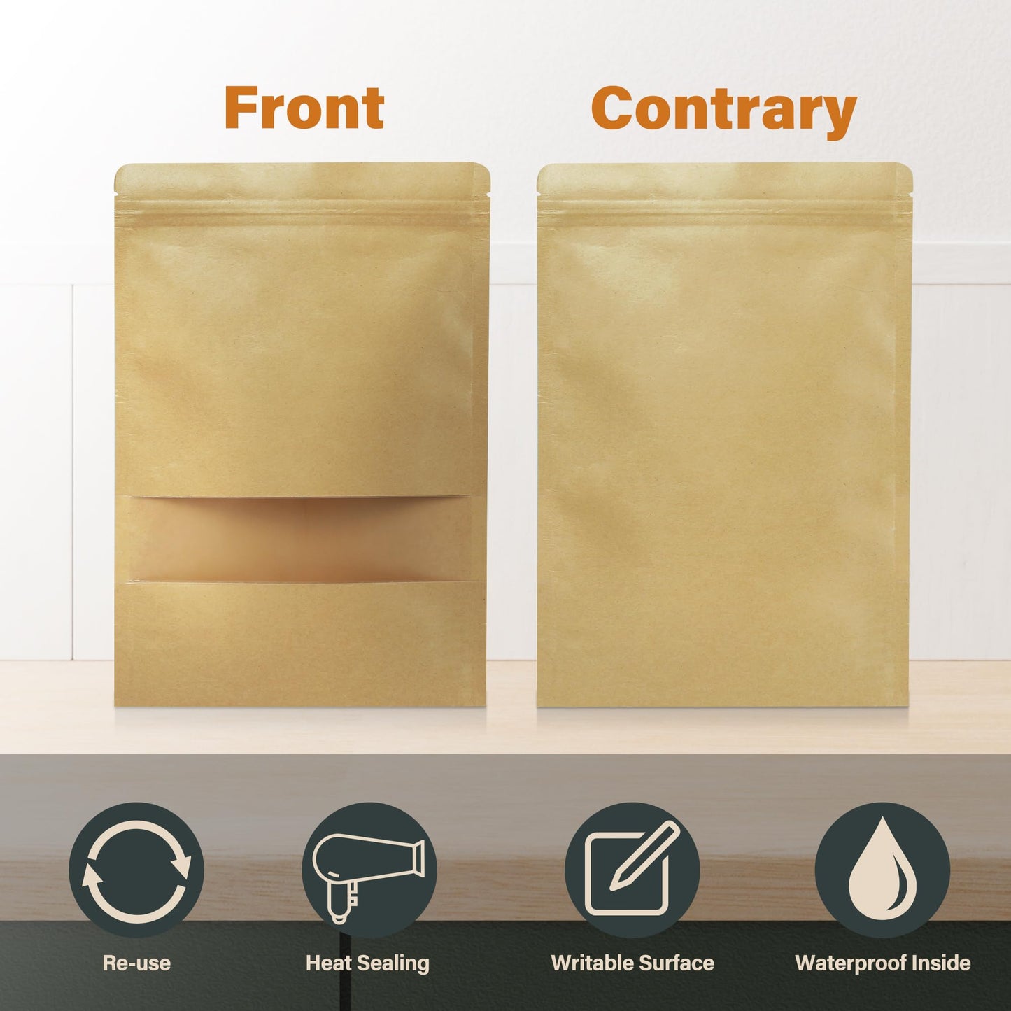 100 Pack Stand Up Pouch Bags, Kraft Pouch with Tear Notch and Matte Window, Resealable Zip Lock Food Storage Bag (Paper bags, 6.7 * 9.8 inch)