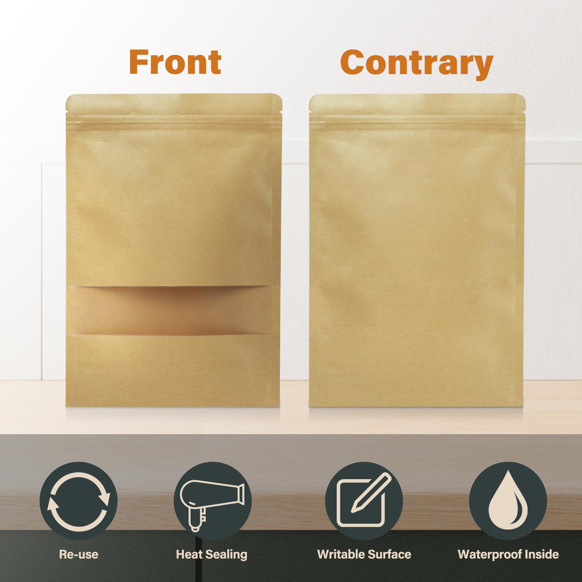 100 Pack Stand Up Pouch Bags, Kraft Pouch with Tear Notch and Matte Window, Resealable Zip Lock Food Storage Bag (Paper bags, 6.7 * 9.8 inch)