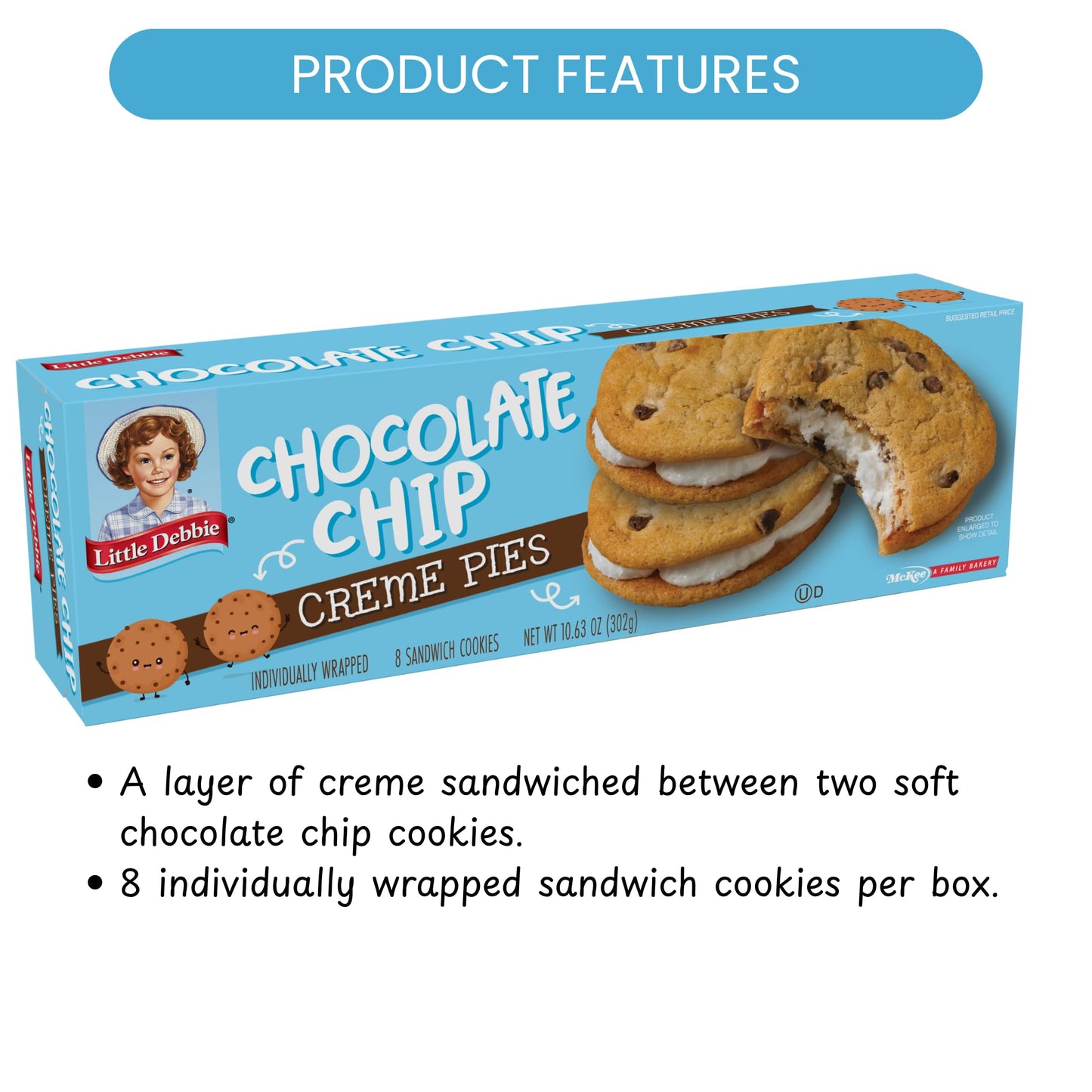 Little Debbie Chocolate Chip Creme Pies, 64 Individually Wrapped Sandwich Cookies (8 Boxes)