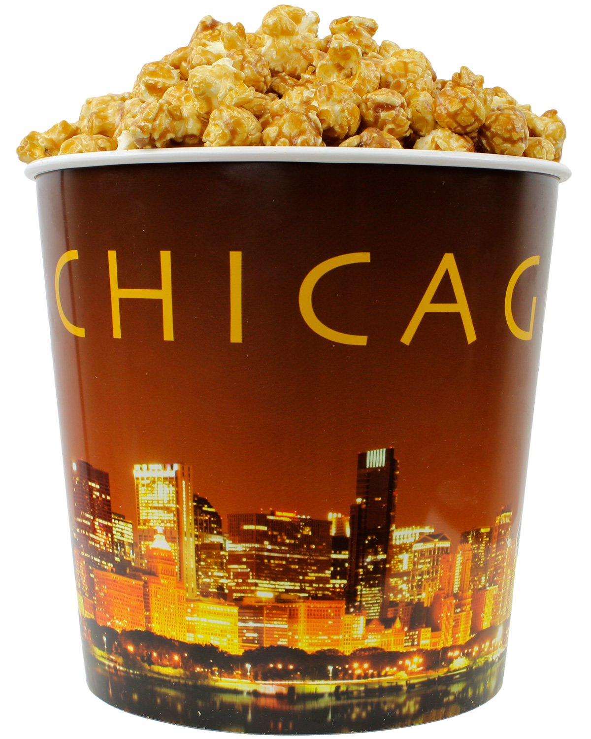 Signature Popcorn - Gourmet 1-Gallon Gold Chicago Skyline Reusable Plastic Bucket Tin, Caramel Popcorn - Holiday, Party & Corporate Gift