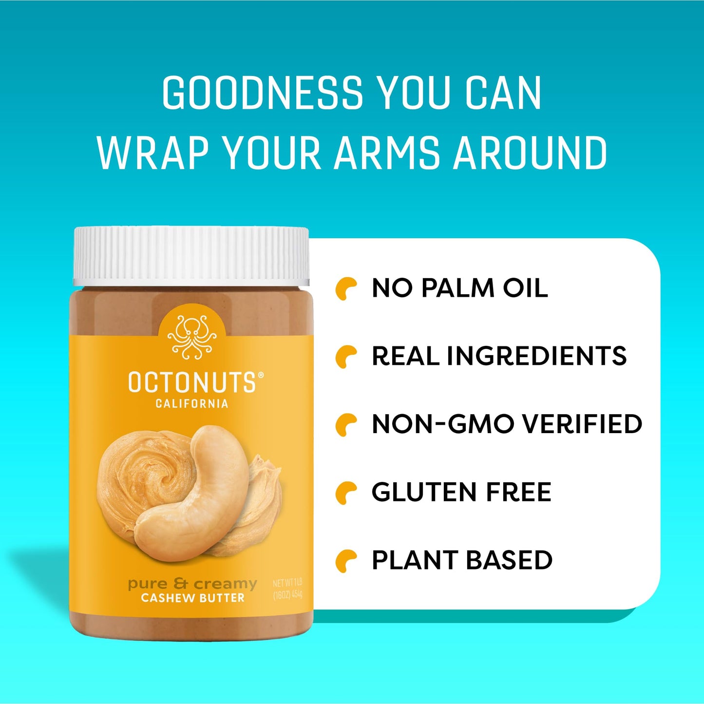 Octonuts Creamy Cashew Butter, 16 oz Jar, No Added Salt, Sugar or Palm Oil - Single Ingredient Nut Spread - Gluten Free, Vegan, Kosher, Paleo