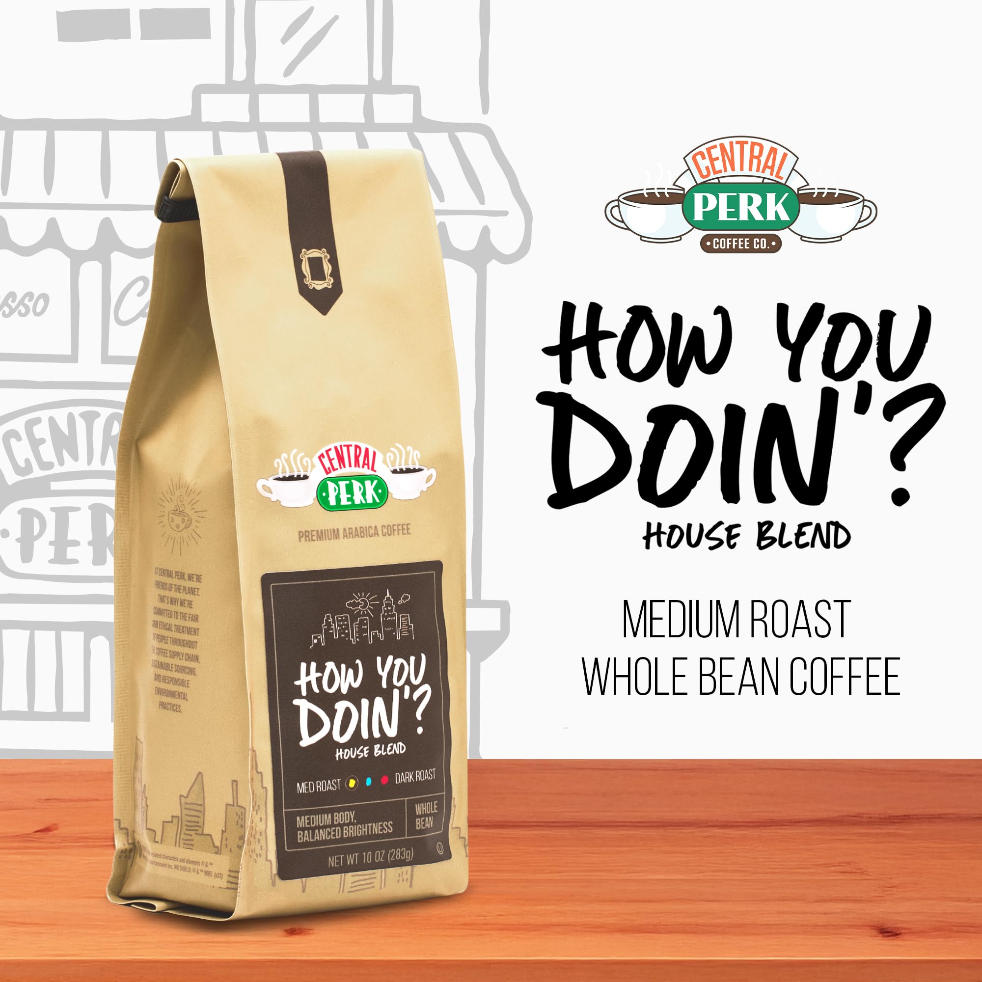 Central Perk Medium Roast Whole Bean Coffee "How You Doin" Blend - 100% Arabica Colombian & Brazilian Coffee Beans with Subtle Chocolate & Honey