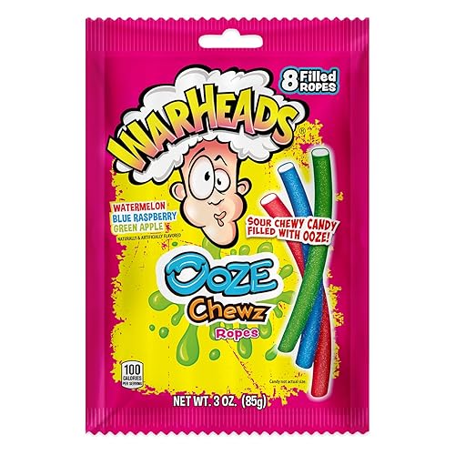 WARHEADS Ooze Chewz Ropes - Chewy Candy Ropes with Sour Filling - Watermelon, Blue Raspberry & Green Apple Flavors - 3 oz. Bag