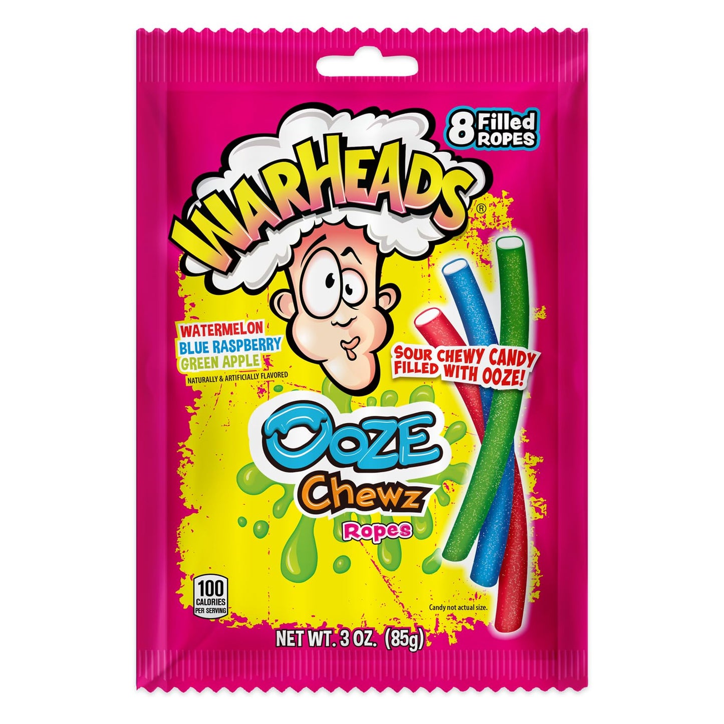 WARHEADS Ooze Chewz Ropes - Chewy Candy Ropes with Sour Filling - Watermelon, Blue Raspberry & Green Apple Flavors - 3 oz. Bag