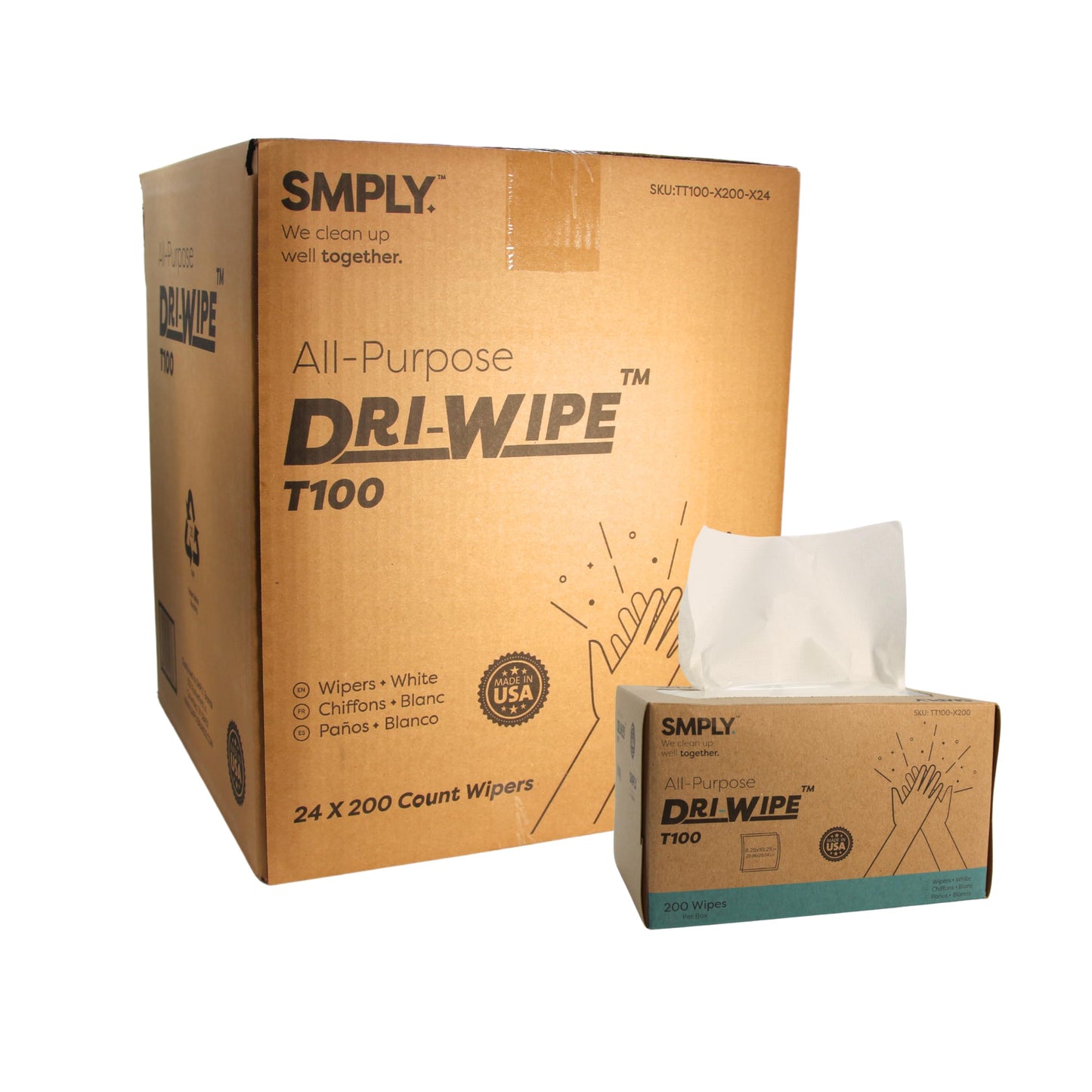 Dri-Wipe™ T100 All-Purpose Center-Pull Wipes - 24 Boxes of 200 (4,800 Total) - Disposable Cleaning Wipes, a Smarter Alternative to Paper Towels