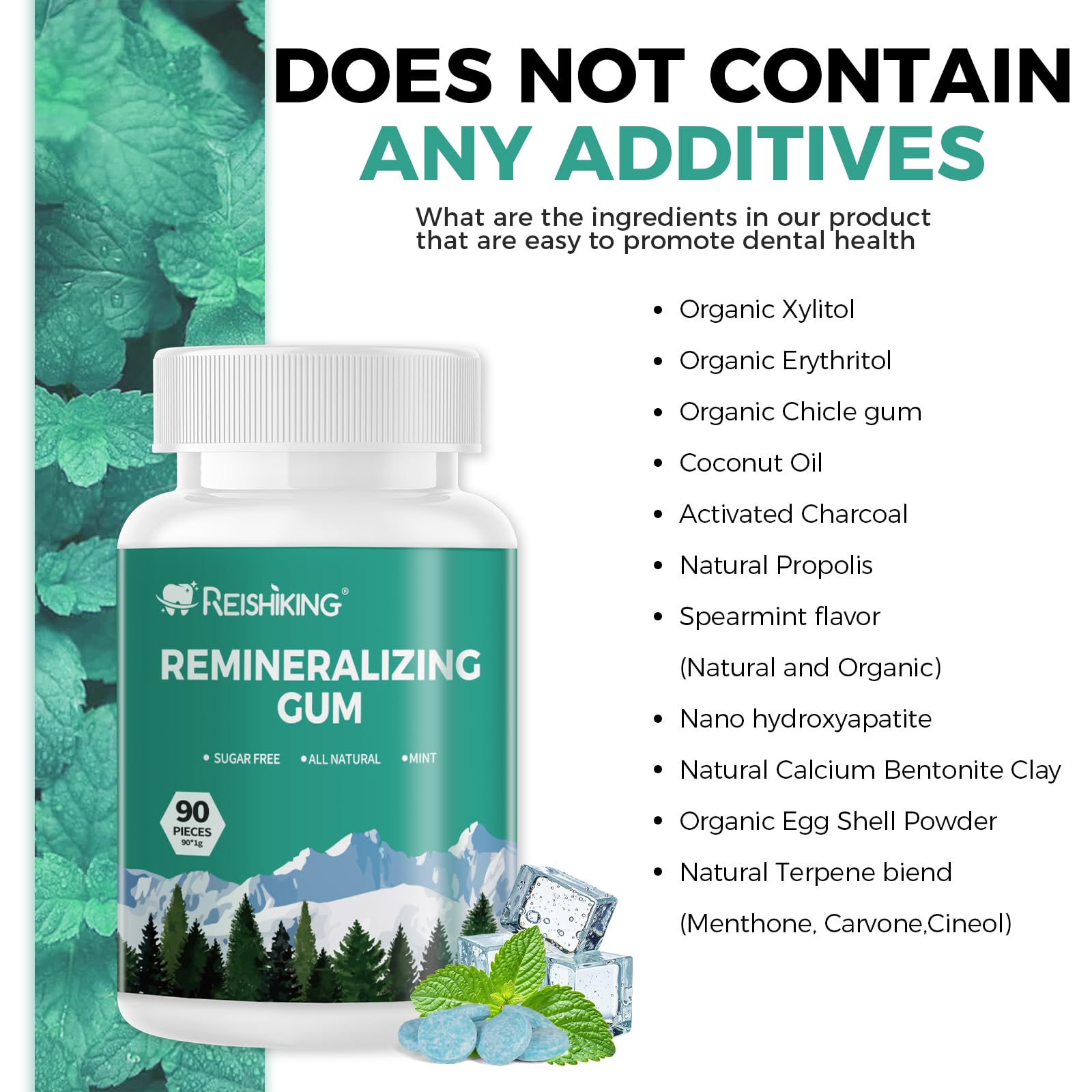 Remineralizing Gum, Containing Nano Hydroxyapatite, 90 Pieces, Teeth Remineralization, Sugar-Free Chewing Gum with Xylitol, Mint Flavor, Two pieces