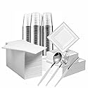 Gold Disposable Plates Set For 50 Guest - 350 Piece Silver Plastic Dinnerware Set - 100 Silver Rimmed Square Plastic Plates, 50 Silver Rimmed Plastic