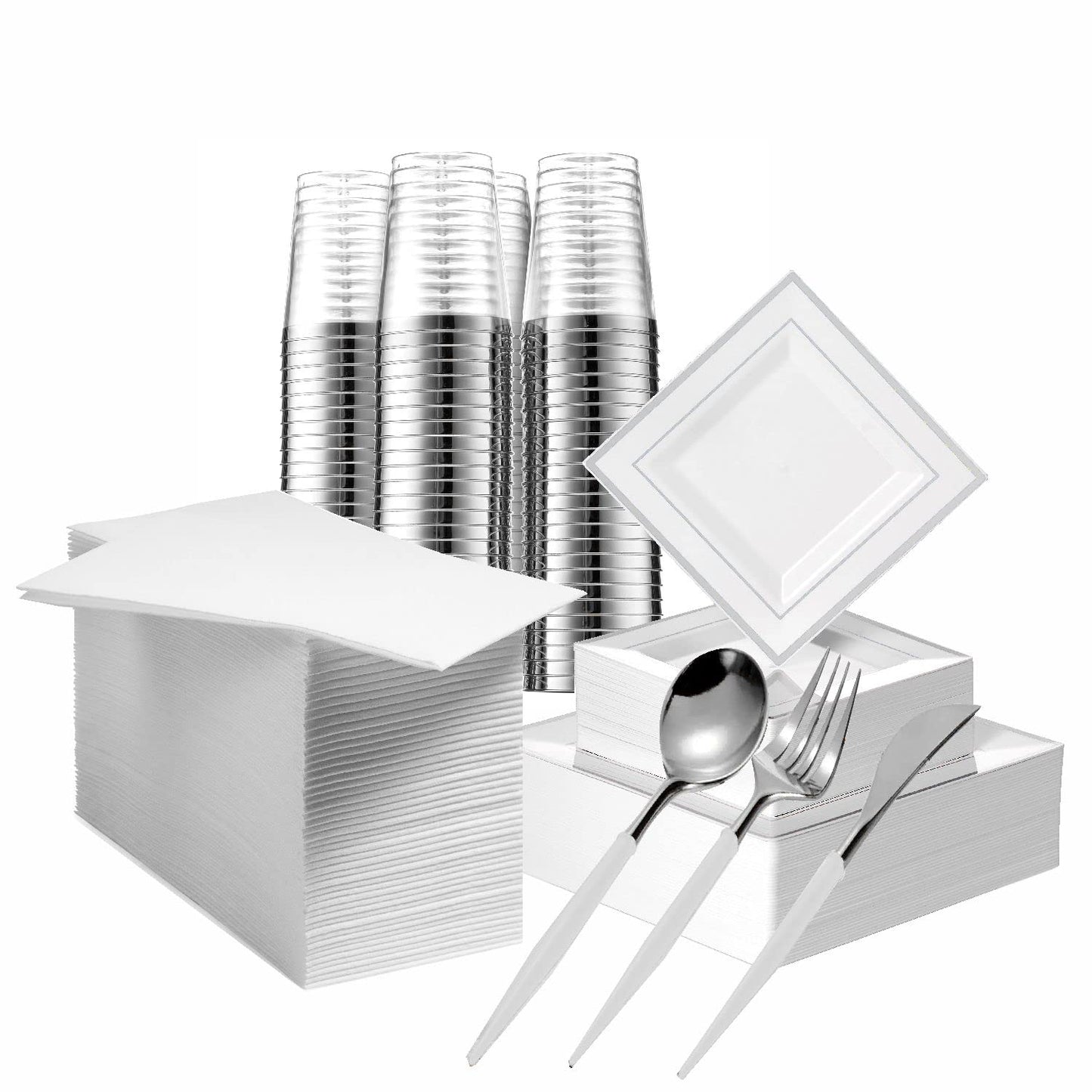 Gold Disposable Plates Set For 50 Guest - 350 Piece Silver Plastic Dinnerware Set - 100 Silver Rimmed Square Plastic Plates, 50 Silver Rimmed Plastic