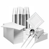 Gold Disposable Plates Set For 50 Guest - 350 Piece Silver Plastic Dinnerware Set - 100 Silver Rimmed Square Plastic Plates, 50 Silver Rimmed Plastic