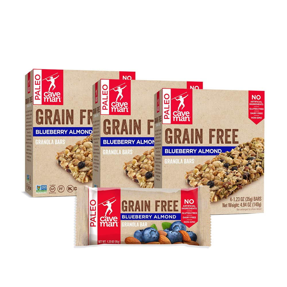 Caveman Foods Grain-Free Granola Bar Blueberry Almond 4 Count Box (Pack of 3)