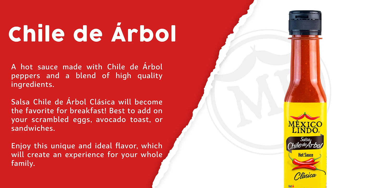 Mexico Lindo Chile de Arbol Hot Sauce Ingredients | 12,190 Scoville Level | Classic Flavor | 5 Fl Oz Bottle (Pack of 1)