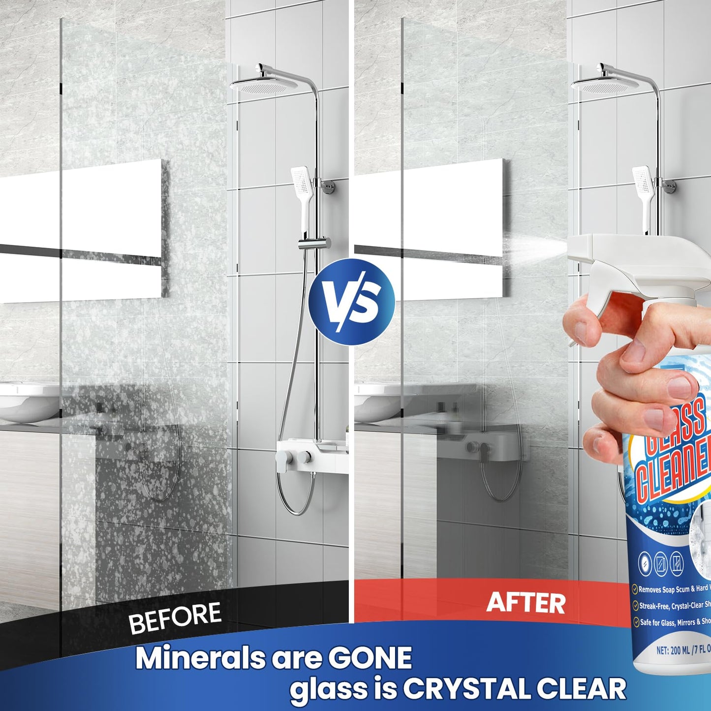 LUSTRIO Instant Shine Bathroom Glass Cleaner with Microfiber Towel - Removes Hard Water Limescale & Soap Scum on Shower Doors, Tiles & Mirrors