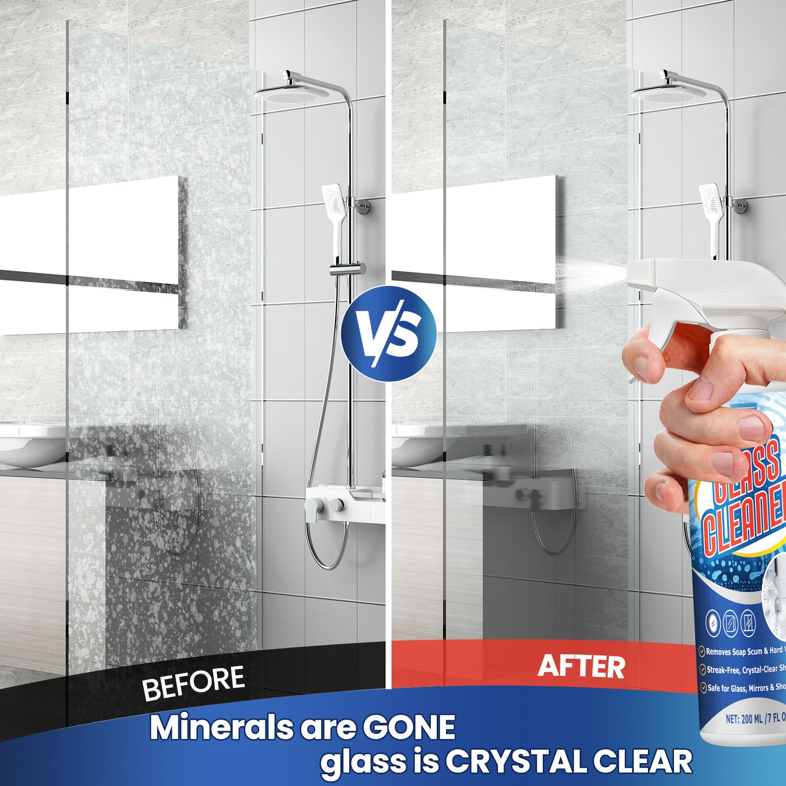 LUSTRIO Instant Shine Bathroom Glass Cleaner with Microfiber Towel - Removes Hard Water Limescale & Soap Scum on Shower Doors, Tiles & Mirrors