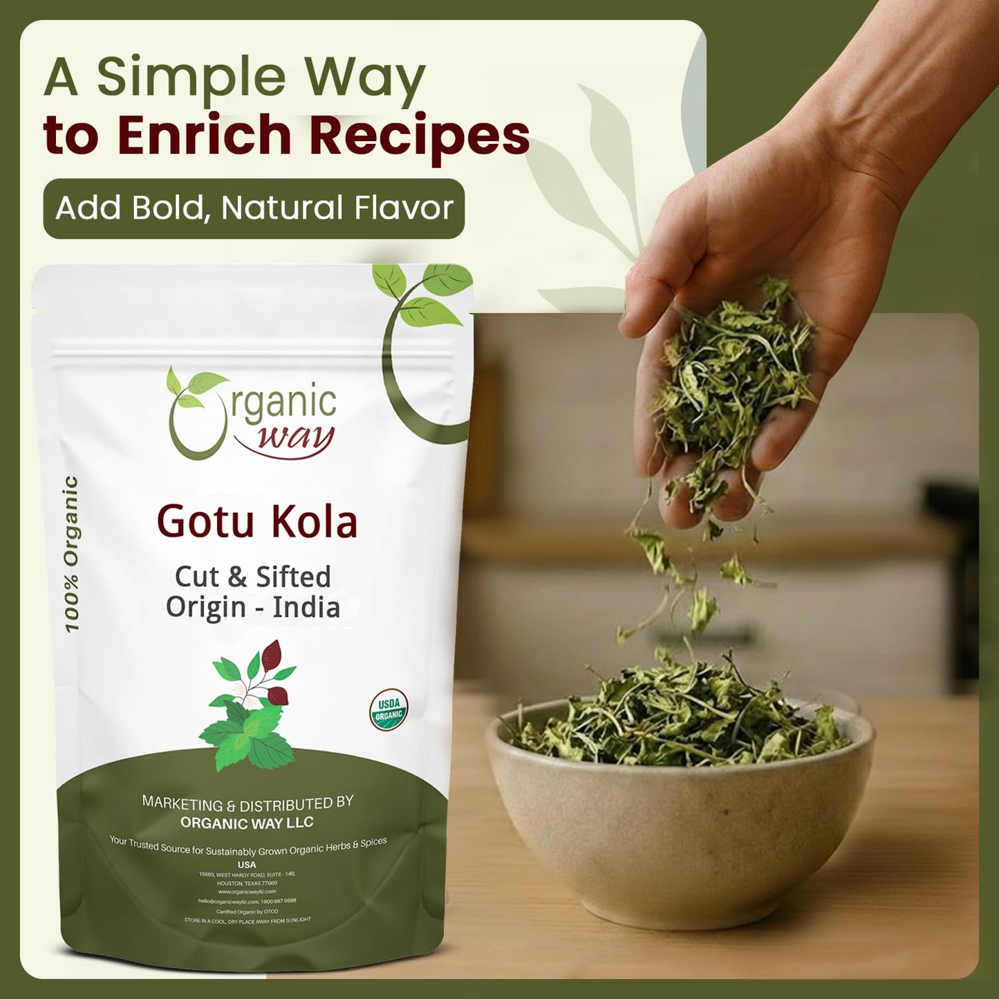 Organic Way Dried Gotu Kola Cut & Sifted (Centella asiatica) - Kosher & USDA Certified | Vegan, Non-GMO & Gluten Free | Tested for Heavy Metal