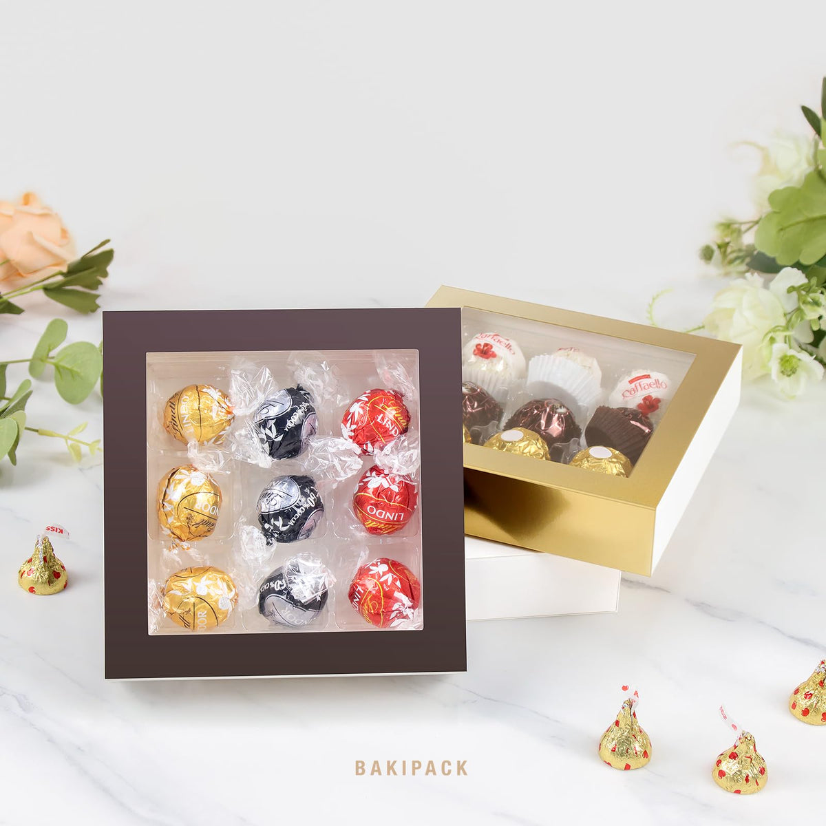 BAKIPACK 12 Brown Truffle Boxes with 9-Piece Plastic Tray, Chocolates Boxes