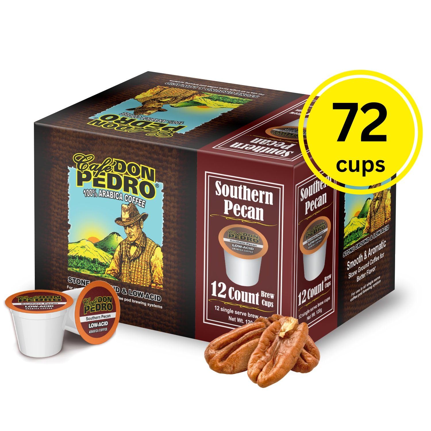 Cafe Don Pedro Southern Pecan Low Acid Coffee Pods - Compatible with Keurig K-cup Coffee Maker, 100% Arabica, Battles Heartburn, Acidic Reflux, 72