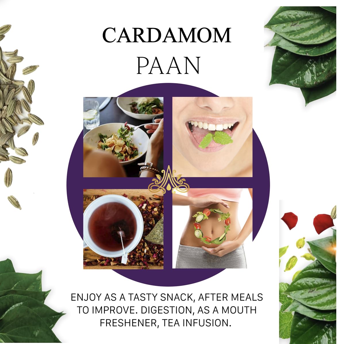 Aryaa Organic Cardamom Paan | 8.75oz (250g) | Ayurvedic Digestive, Mouth Freshener & Herbal Tea | Shredded l Vegan, Gluten-Free, Non-GMO
