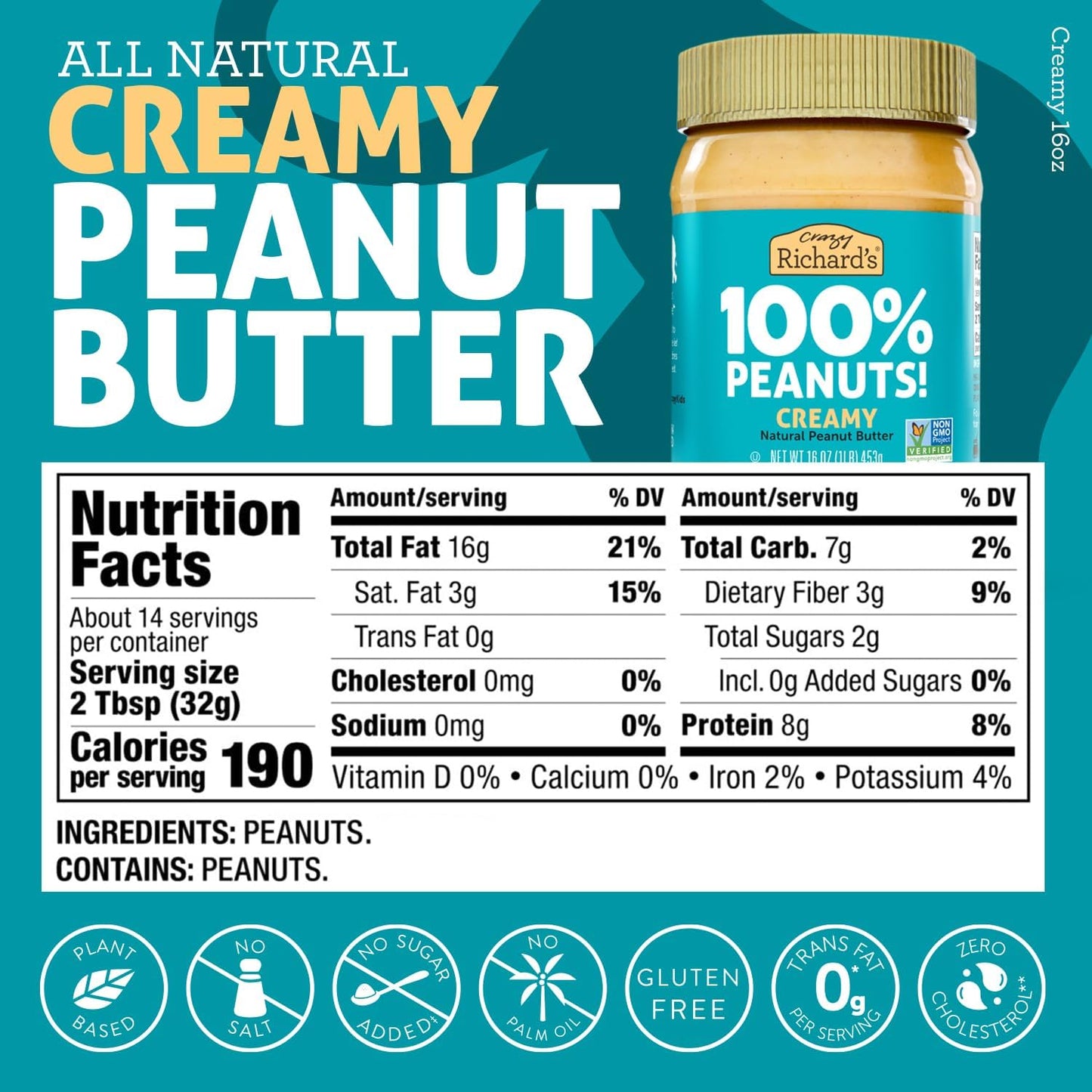 Crazy Richard's 100% All-Natural Vegan Creamy & Crunchy Peanuty Butter with No Added Sugar and Non-GMO Variety Pack (1 Pound, Pack of 2)