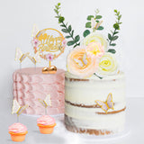 28pcs Flower Cake Topper 3D Butterfly Acrylic Happy Birthday Cake Toppers Artificial Carnation Rose Flowers Eucalyptus Leaves Cake Decorations