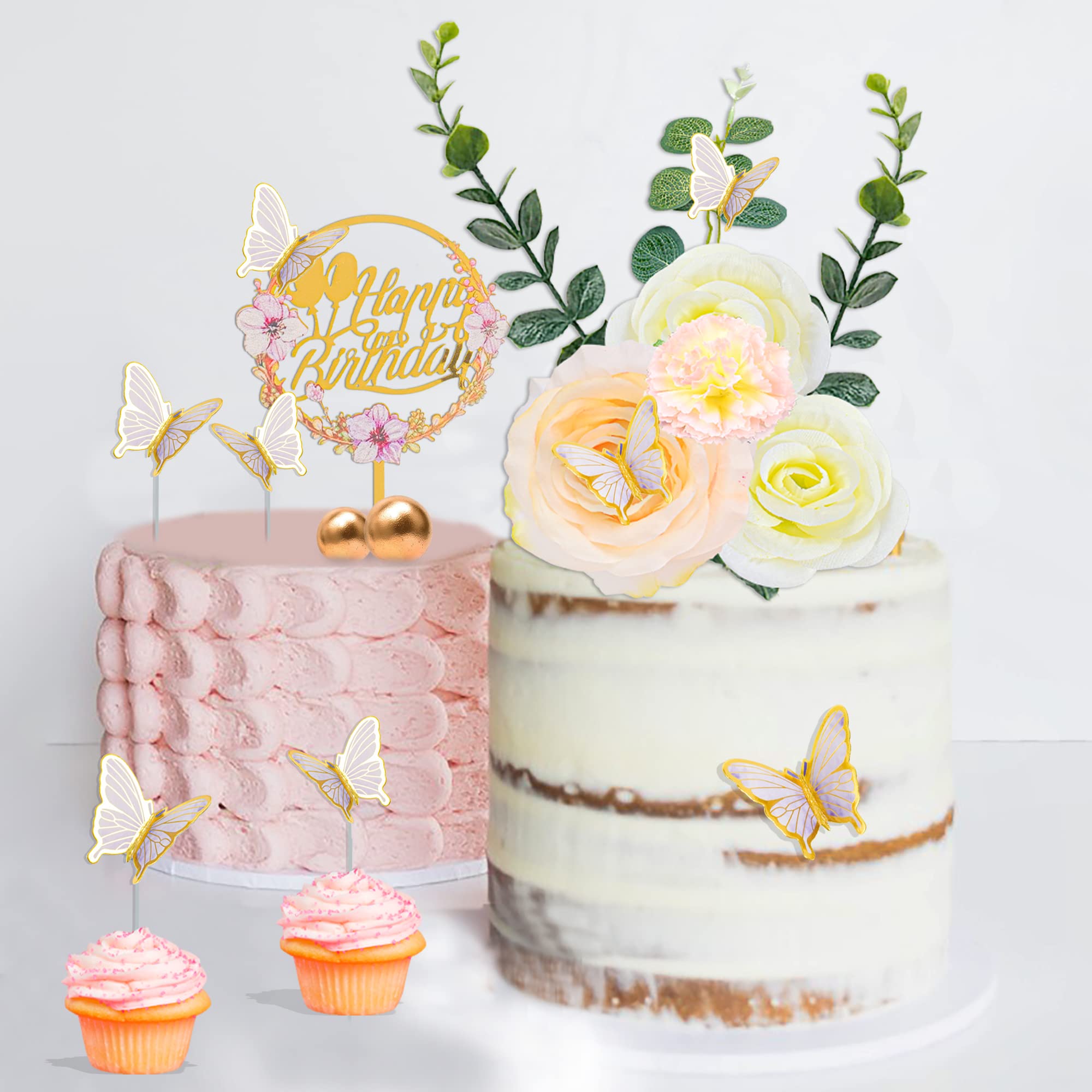 28pcs Flower Cake Topper 3D Butterfly Acrylic Happy Birthday Cake Toppers Artificial Carnation Rose Flowers Eucalyptus Leaves Cake Decorations