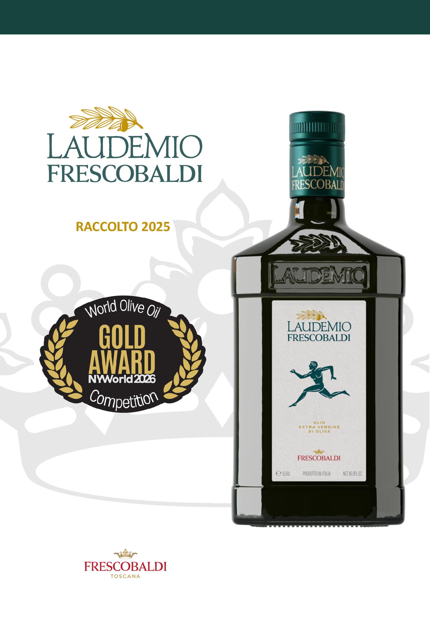 FRESCOBALDI Laudemio Extra Virgin Olive Oil, 16.9 FL Oz, 500ml, Premium, Award Winning Product of Tuscany, Italy, Fruity & Peppery Flavor, Smooth & Robust Low Acidity, Rich in Polyphenols