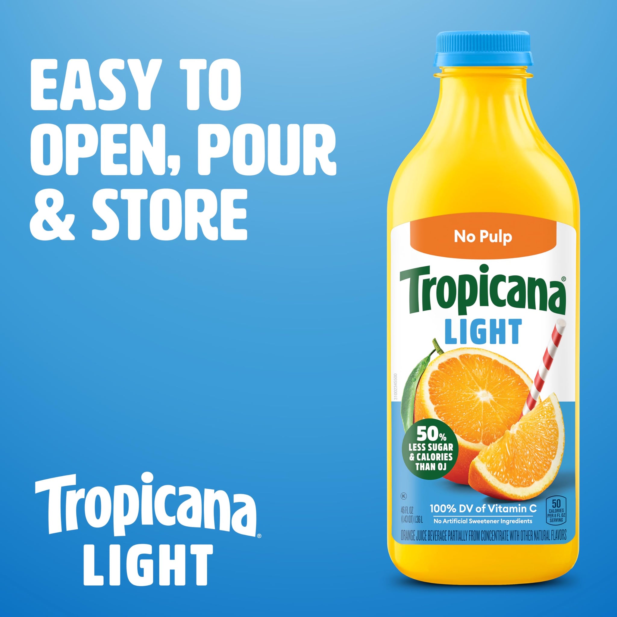 Tropicana Light Orange Juice Beverage, No Pulp, 46 fl oz Bottle